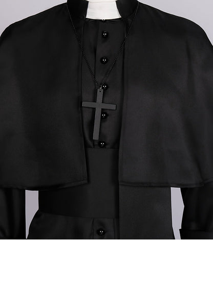 Close-up of the white collar tab, black buttons and wooden-style cross pendant on a beaded chain 7