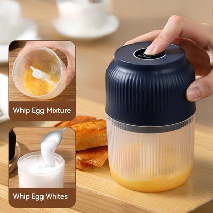 Chopper used for whisking, with inset pictures of beaten egg mixture in the bowl and whipped egg whites in a glass. 3