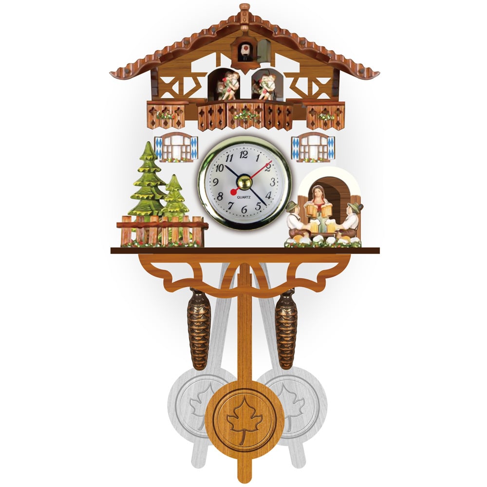 Chalet wall clock with fir trees behind a fence, figures sharing beer at a doorway and a maple-leaf pendulum below. 5