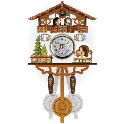 Chalet wall clock with fir trees behind a fence, figures sharing beer at a doorway and a maple-leaf pendulum below. 5
