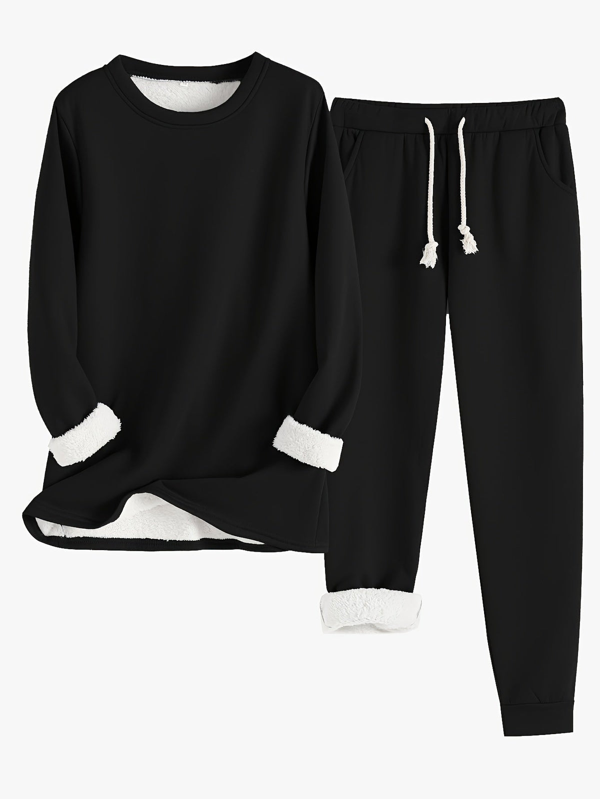 Flat lay of the set in black, with contrasting white fleece lining and cream drawstring 4