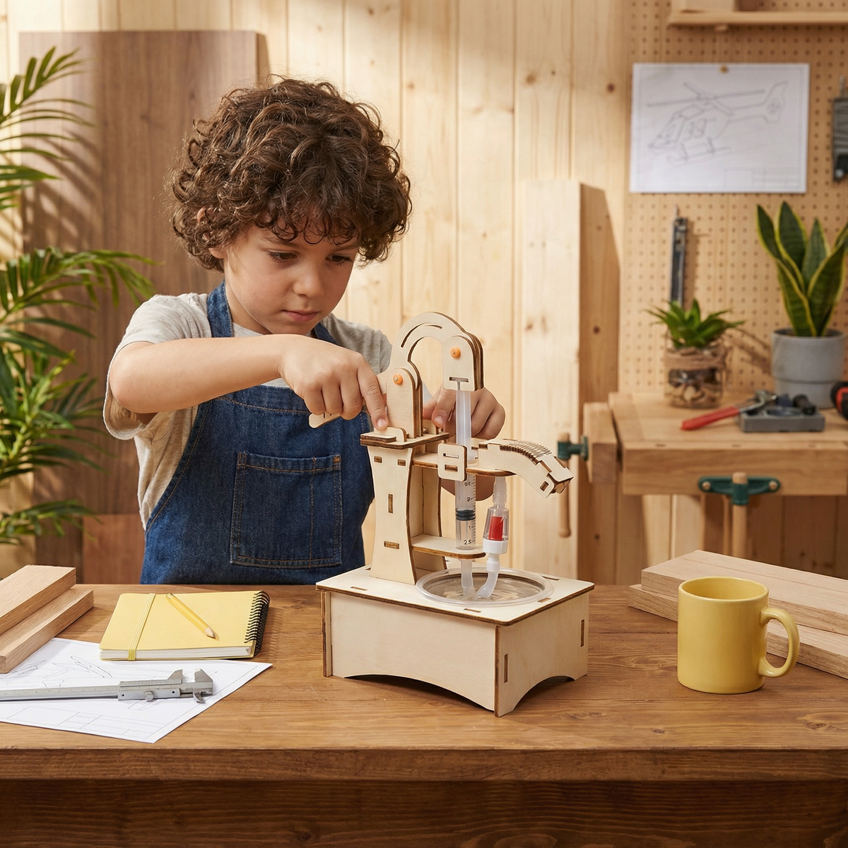 Boy in a denim apron assembles a wooden hand water pump model with a syringe, tubing and a shallow water tray. 3
