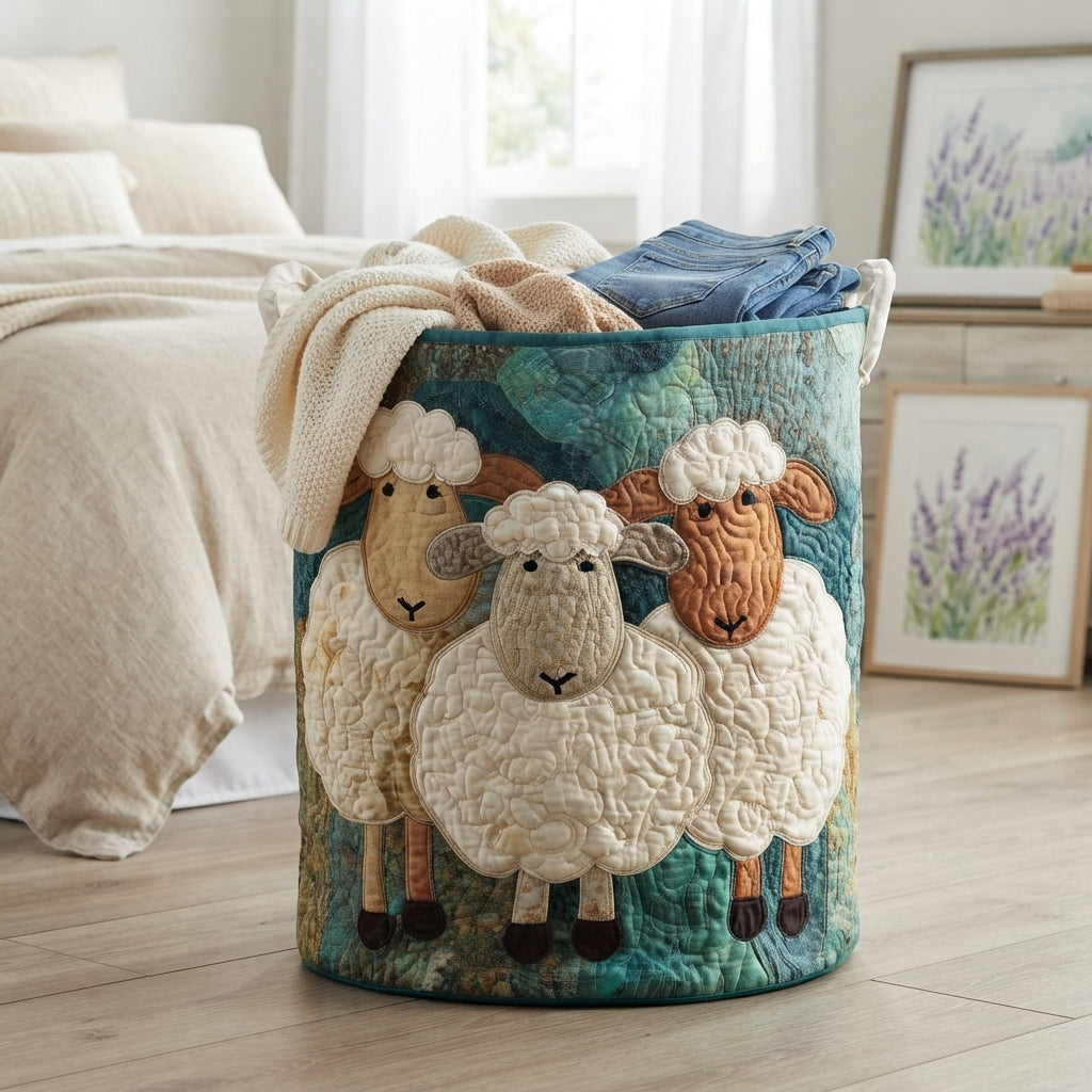 Sheep-design quilted basket beside a bed, filled with a cream knitted blanket and folded jeans, with lavender prints behind. 4