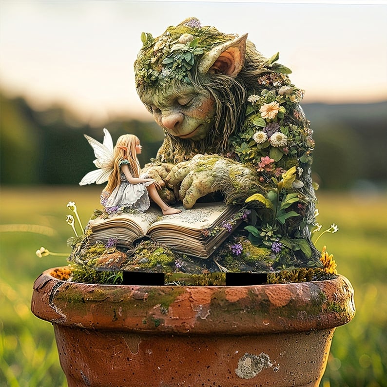 Troll and fairy with an open book, stuck into a weathered terracotta pot with a soft meadow behind. 11