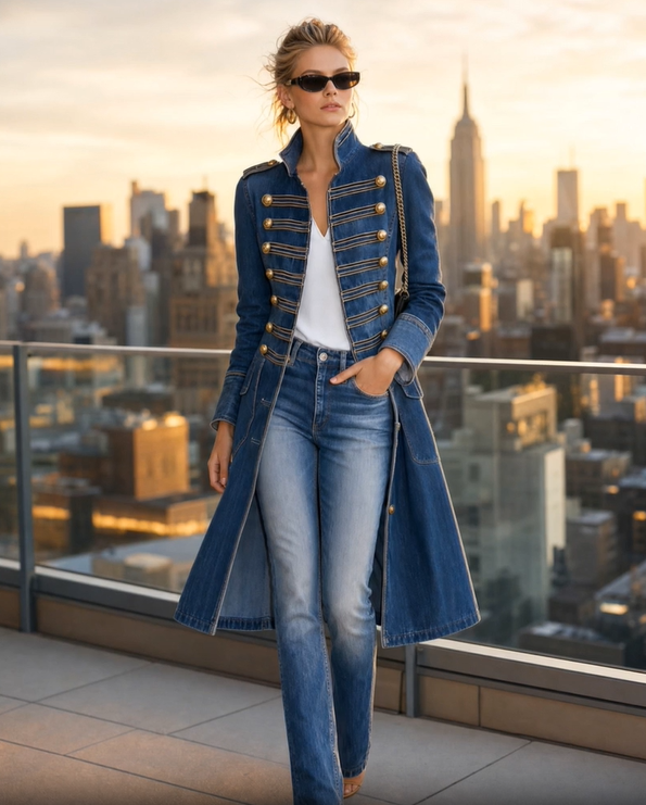 Model in the blue denim coat on a rooftop terrace at sunset, wearing sunglasses and a chain-strap bag against the skyline. 3