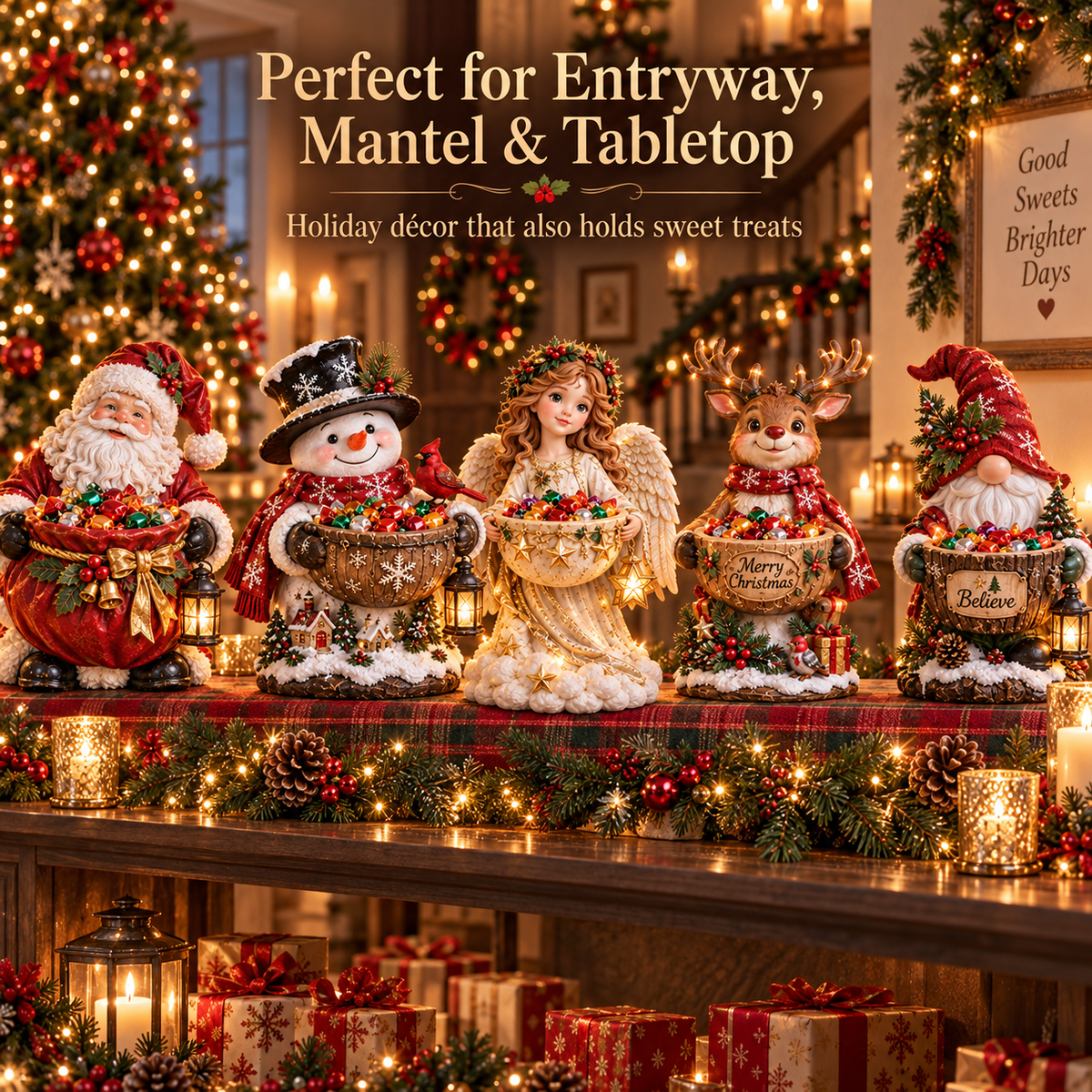 Five figures displayed along a mantel with pine garland, candles and wrapped gifts beneath 7