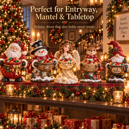 Five figures displayed along a mantel with pine garland, candles and wrapped gifts beneath 7