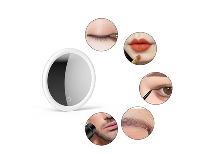 Round mirror with glowing white rim and touch button, beside close-ups of eye, lip, brow and beard grooming 4