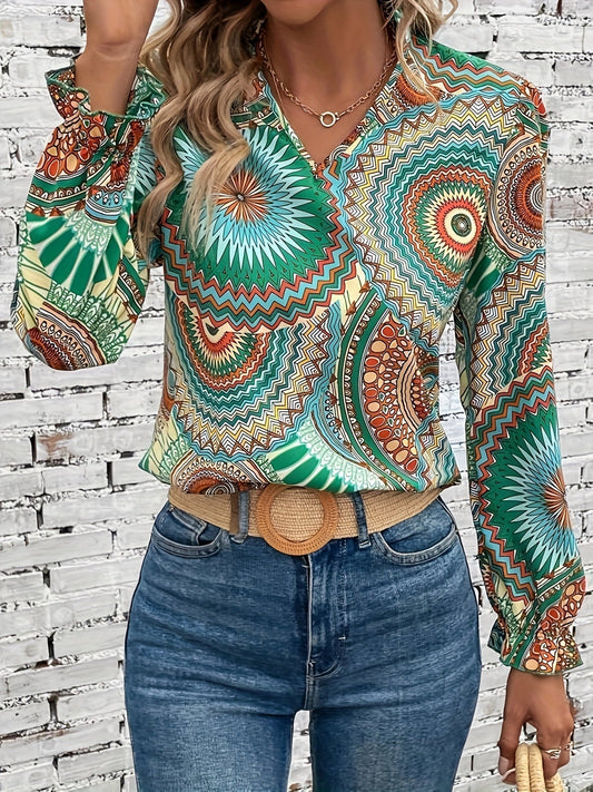 Ladies' blouse with floral pattern & V-neck for spring & autumn – Selina