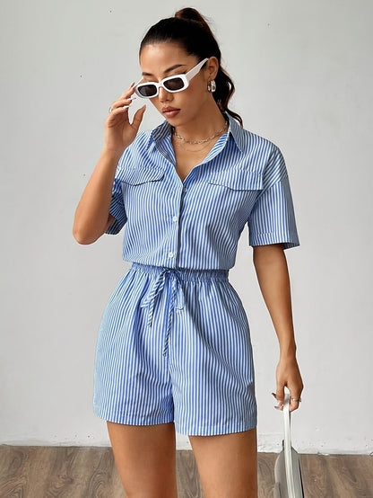 Trendy women's jumpsuit with short sleeves for summer - StripeFresh