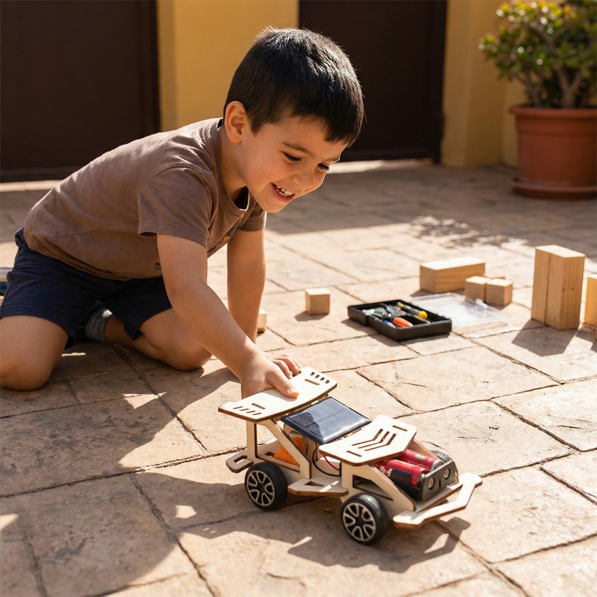Smiling boy outdoors steadies a wooden racing car model with a solar panel, rear wing and battery compartment. 7