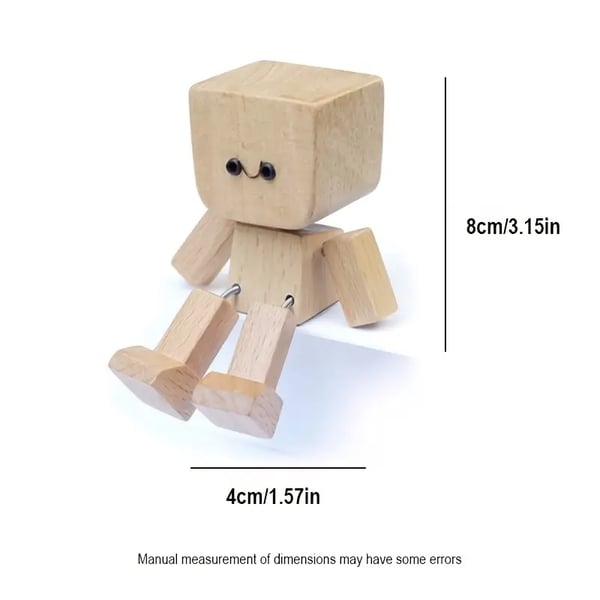 Wooden figure with a small smiling face against white, with lines showing its height of 8cm and width of 4cm. 2