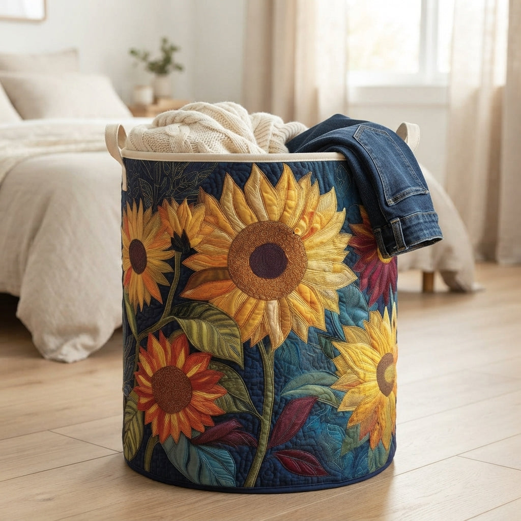 Sunflower basket on a wooden bedroom floor beside a bed, holding a cream knit jumper and a pair of jeans. 4