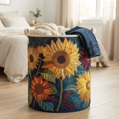 Sunflower basket on a wooden bedroom floor beside a bed, holding a cream knit jumper and a pair of jeans. 4