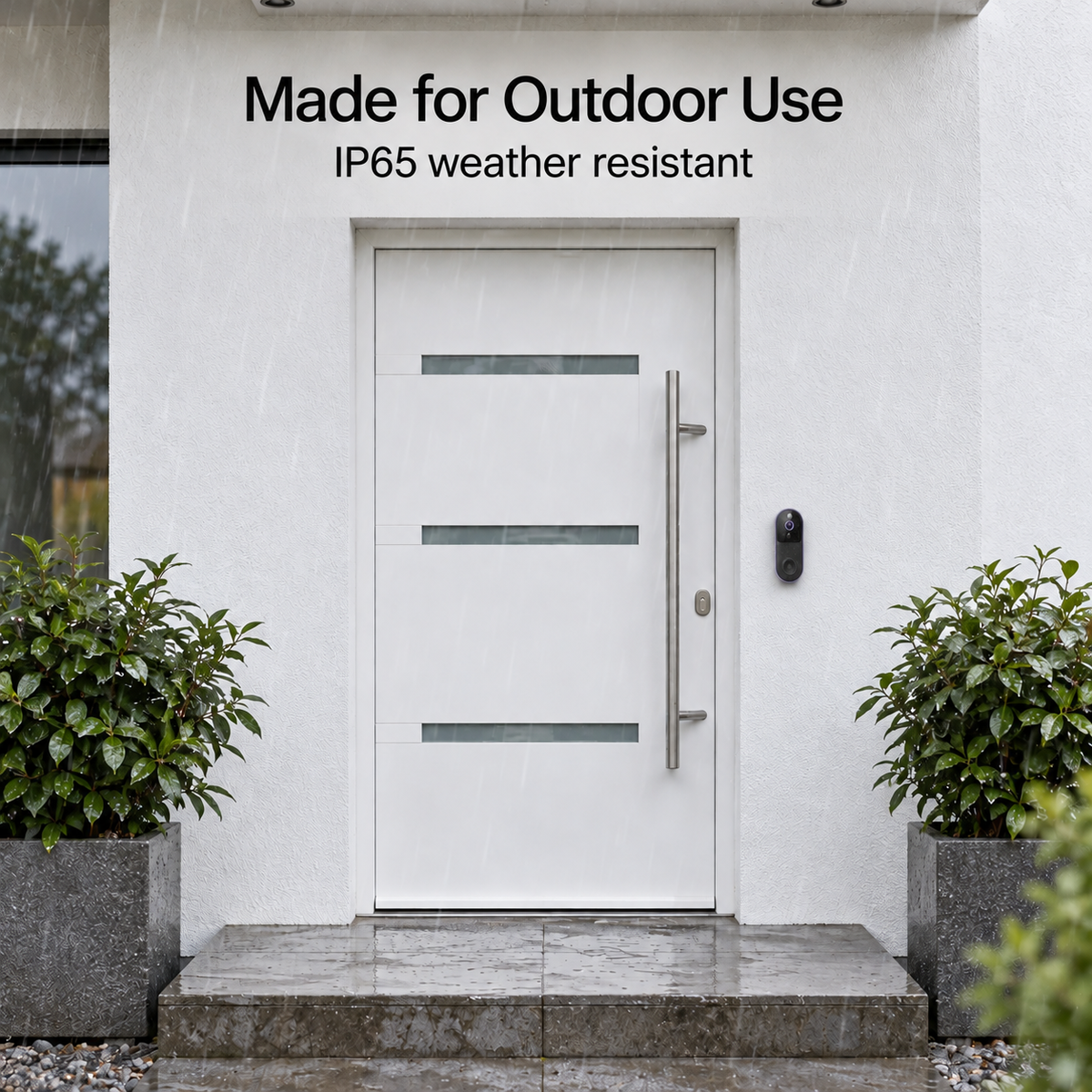 Black doorbell mounted beside a white front door in the rain, showing its outdoor weather resistance 4
