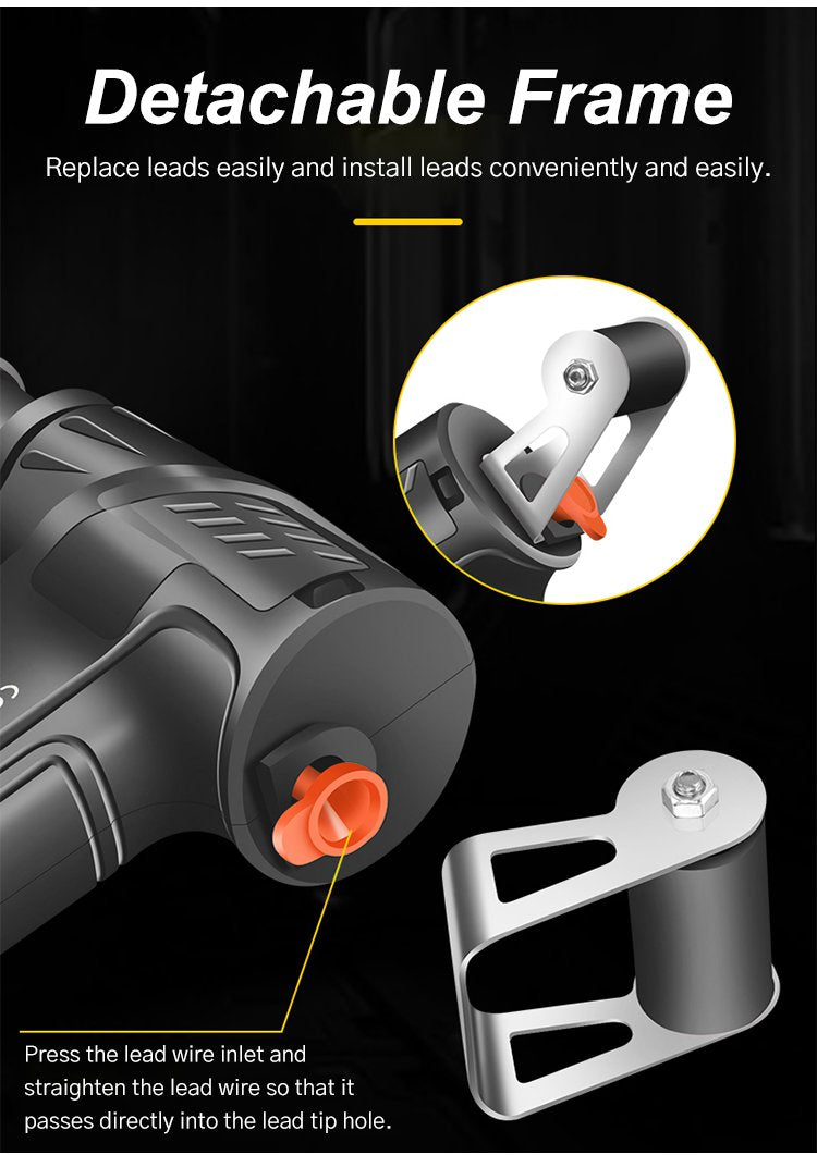Close-ups of the detachable wire reel frame and the orange wire inlet at the back of the tool 9