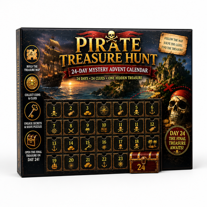 Pirate treasure hunt box with a galleon at sunset, a skull and treasure on the front, and black numbered drawers below. 8