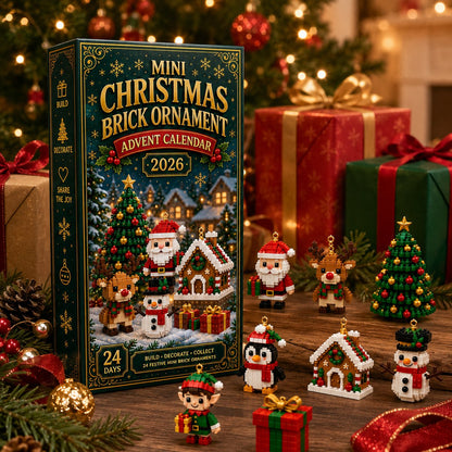 Calendar box standing among wrapped gifts and pine branches, with a handful of finished ornaments in front, including Santa, reindeer, penguin, elf and gift box 8