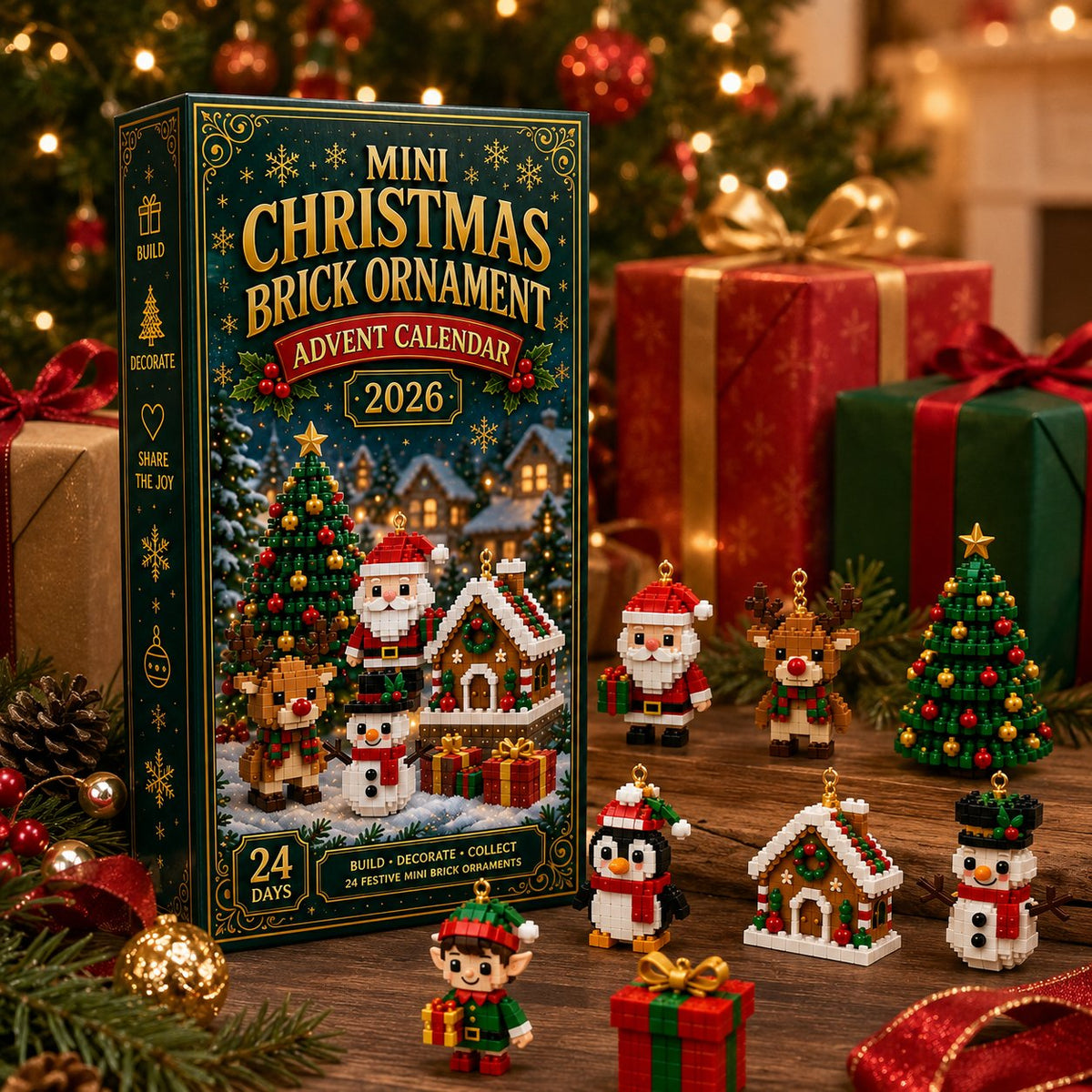 Box on a wooden table surrounded by gift boxes, with Santa, reindeer, tree, penguin, elf and gingerbread house ornaments standing in front. 6