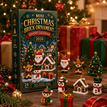 Calendar box beside wrapped presents and pine branches, with eight finished brick ornaments including Santa, reindeer, penguin and a gingerbread house. 4