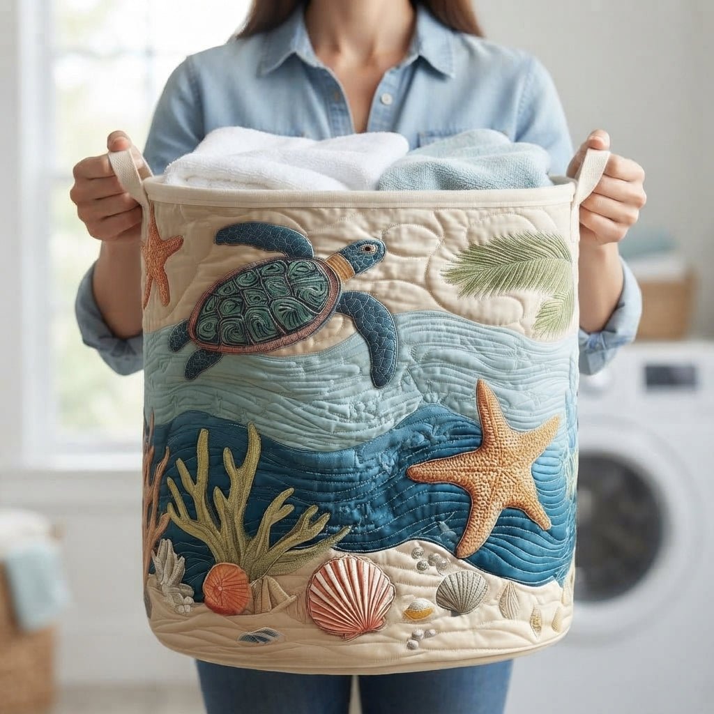 Person in a blue shirt holding the full basket by its two canvas handles, showing the turtle and starfish design on the front. 5