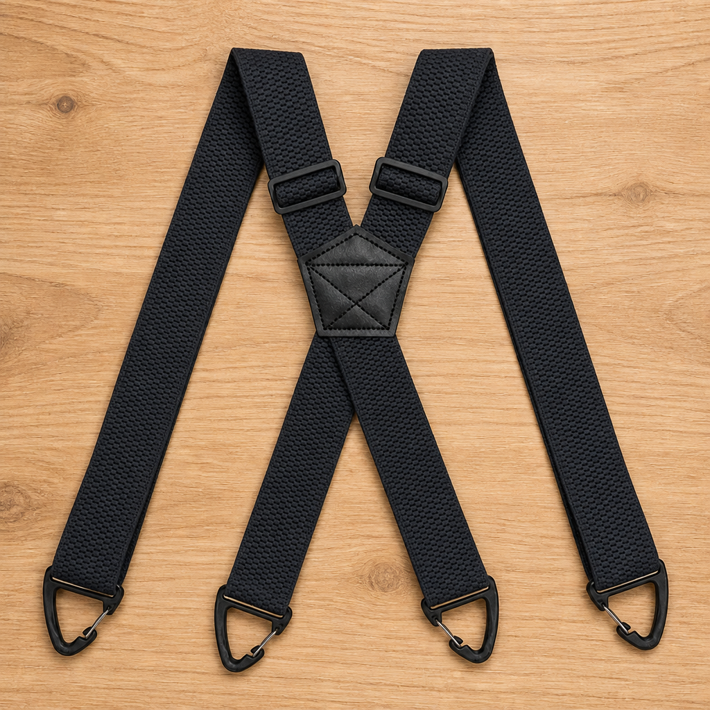Black X-back suspenders with textured woven elastic laid flat on wood, with adjusters near the stitched centre patch. 14