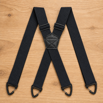 Black X-back suspenders with textured woven elastic laid flat on wood, with adjusters near the stitched centre patch. 14