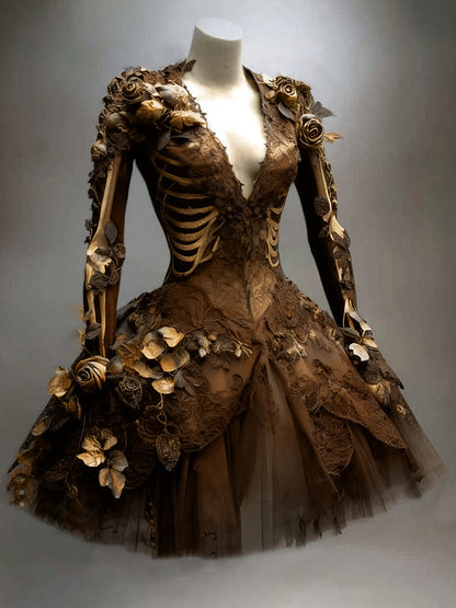 Brown version of the long-sleeved lace and tulle dress on a mannequin, with gold rib-cage print and roses. 5