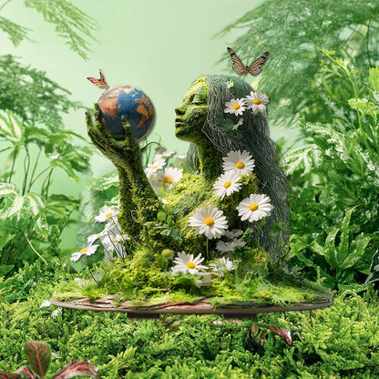 Moss-covered woman in profile raising one hand to hold a small globe, surrounded by white daisies, butterflies and ferns. 6