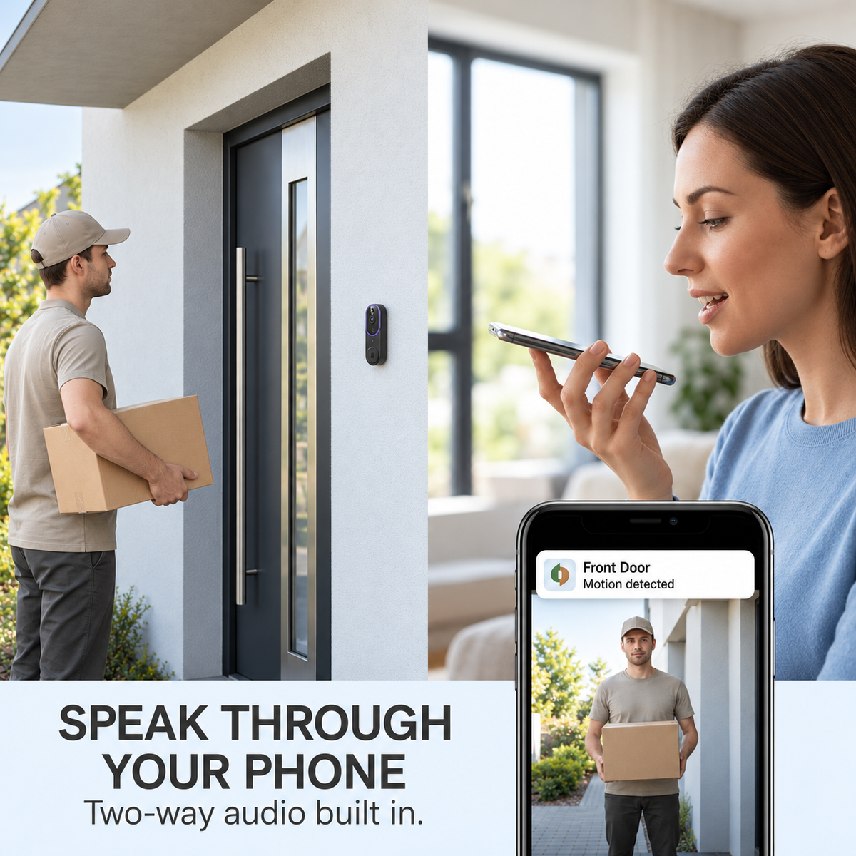 Delivery man at the door while a woman speaks into her phone, showing the two-way audio feature 3