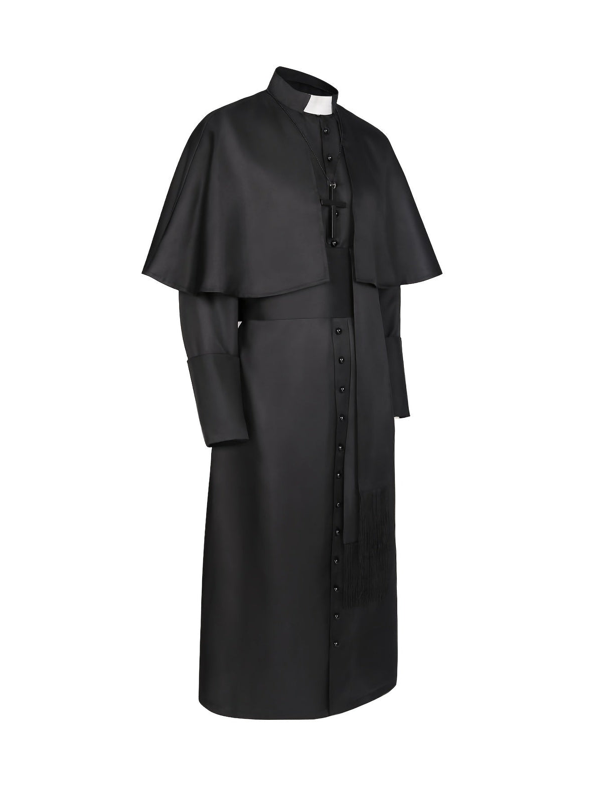 Side view of the long black robe, showing the layered cape, buttoned front and fringed sash 4