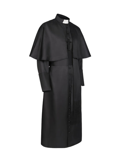 Side view of the long black robe, showing the layered cape, buttoned front and fringed sash 4
