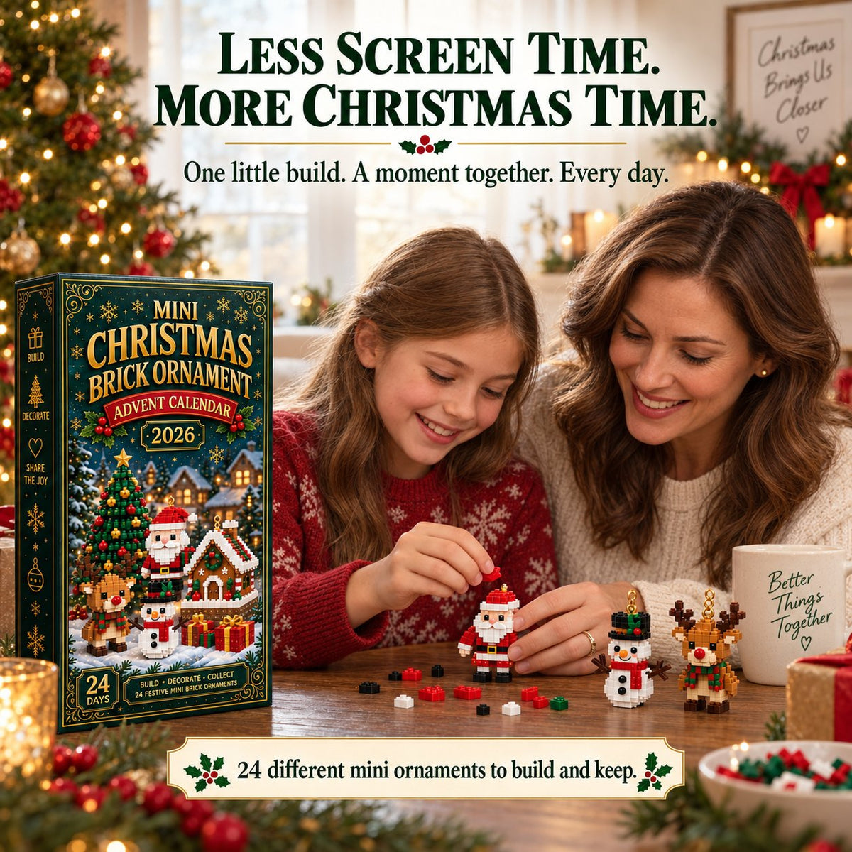 Girl and woman building a brick Santa at a wooden table beside finished snowman and reindeer ornaments, with the calendar box on the left. 3