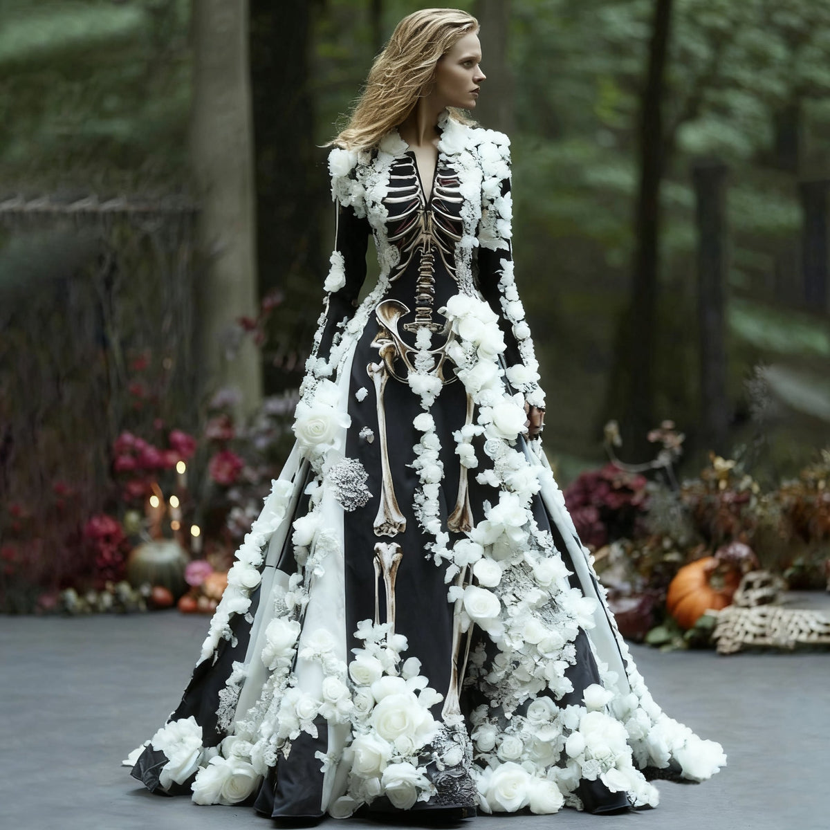 Model wearing the black skeleton-print maxi dress with white three-dimensional roses on the bodice, sleeves and skirt, in a woodland setting. 2