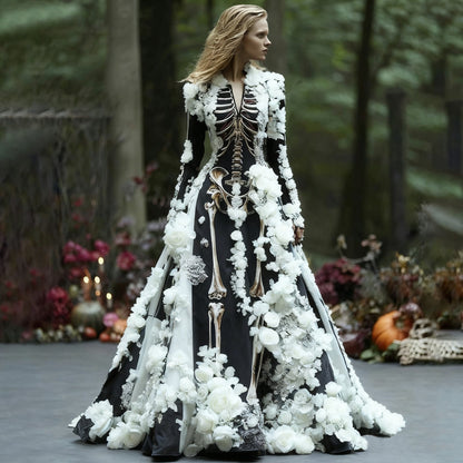 Model wearing the black skeleton-print maxi dress with white three-dimensional roses on the bodice, sleeves and skirt, in a woodland setting. 2
