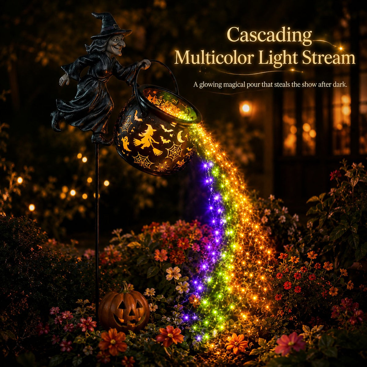 Witch stake in a flower bed at night, with a cascade of purple, green and orange lights pouring from the cauldron. 3