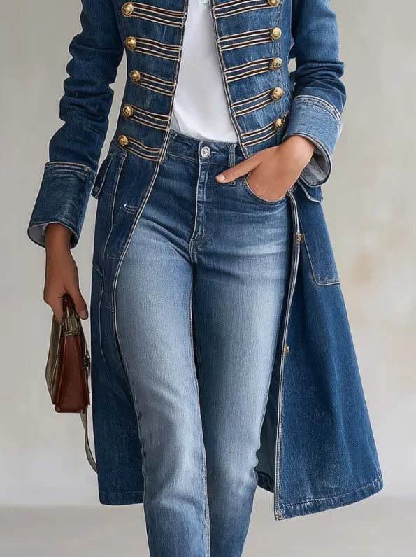 Close-up of the coat's lower front, showing braided gold-button rows, flap pockets, turned-back cuffs and the long skirt of the coat. 6