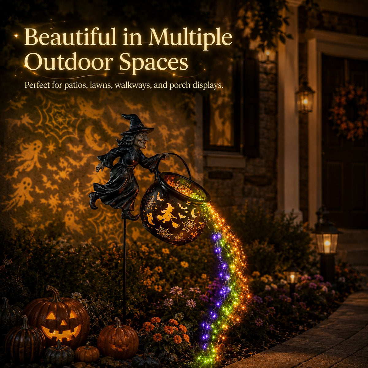 Witch cauldron light staked beside a house porch with a wreath, projecting Halloween patterns onto the wall above jack-o'-lanterns. 8