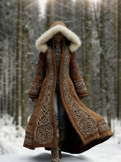 Model walking through a snowy forest in the brown version, with a cream fur-trimmed hood 4