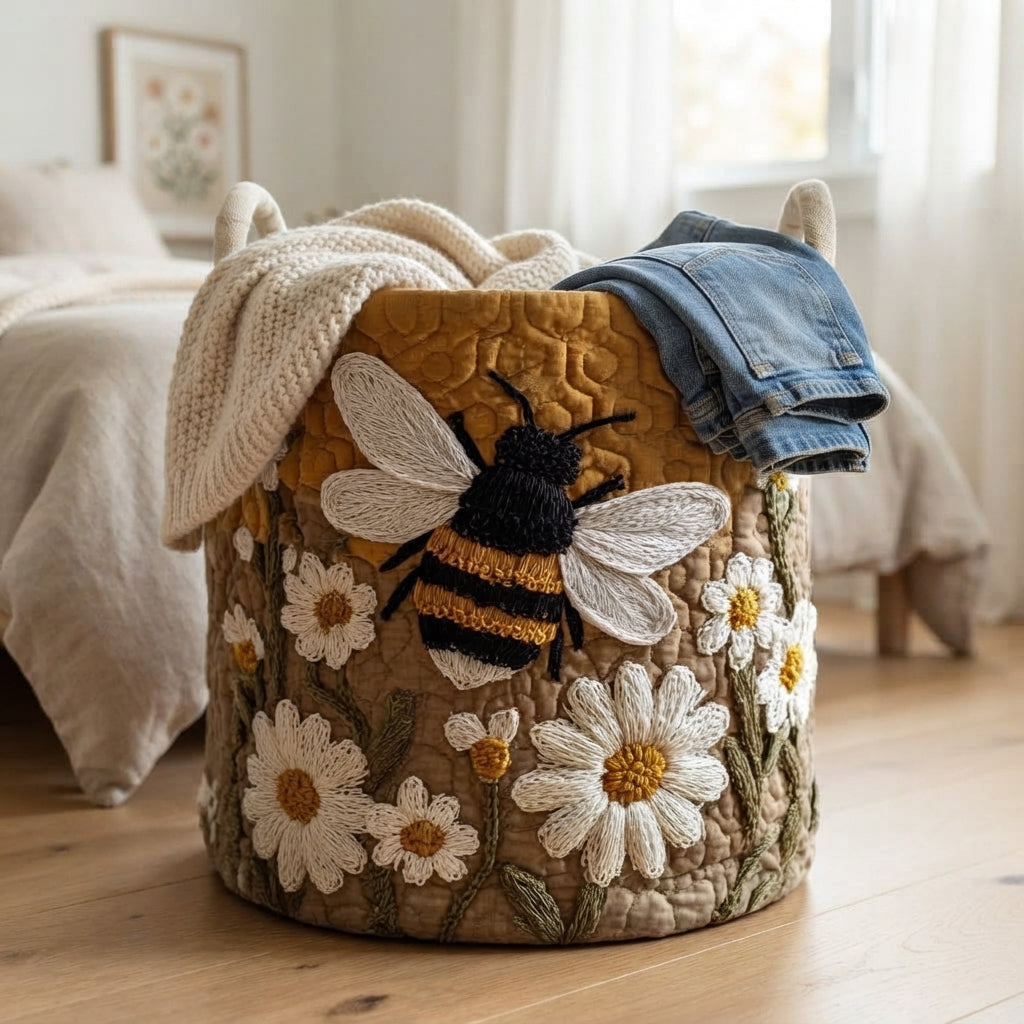 Basket beside a bed, filled with a cream knitted blanket and a pair of jeans draped over the edge. 6