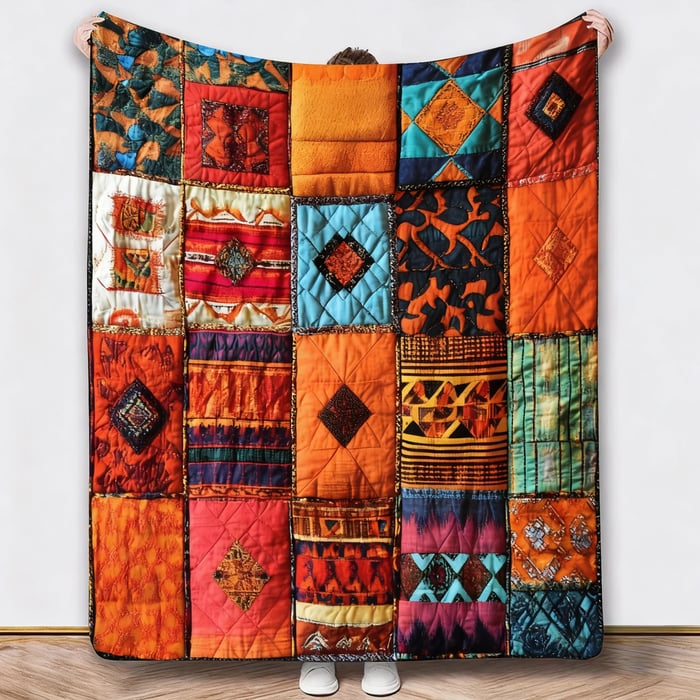 Person holding up a different blanket in orange, red and teal geometric patchwork patterns 3
