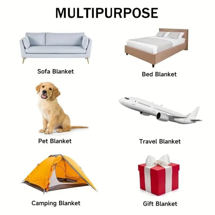 Infographic of icons showing sofa, bed, pet, travel, camping and gift uses for the blanket 8