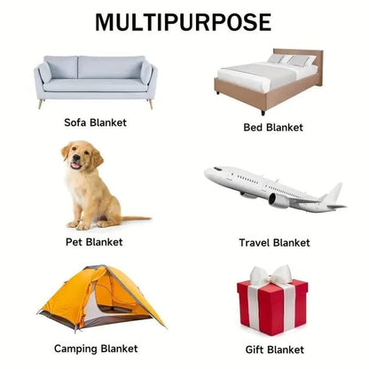 Infographic of icons showing sofa, bed, pet, travel, camping and gift uses for the blanket 8