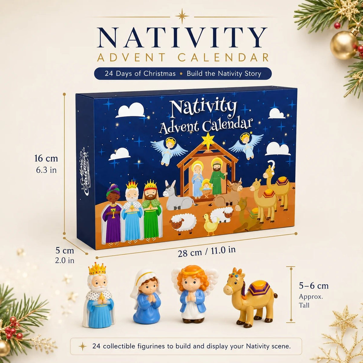 Infographic showing the box dimensions and the approximate height of four figures: a king, Mary, an angel and a camel 7