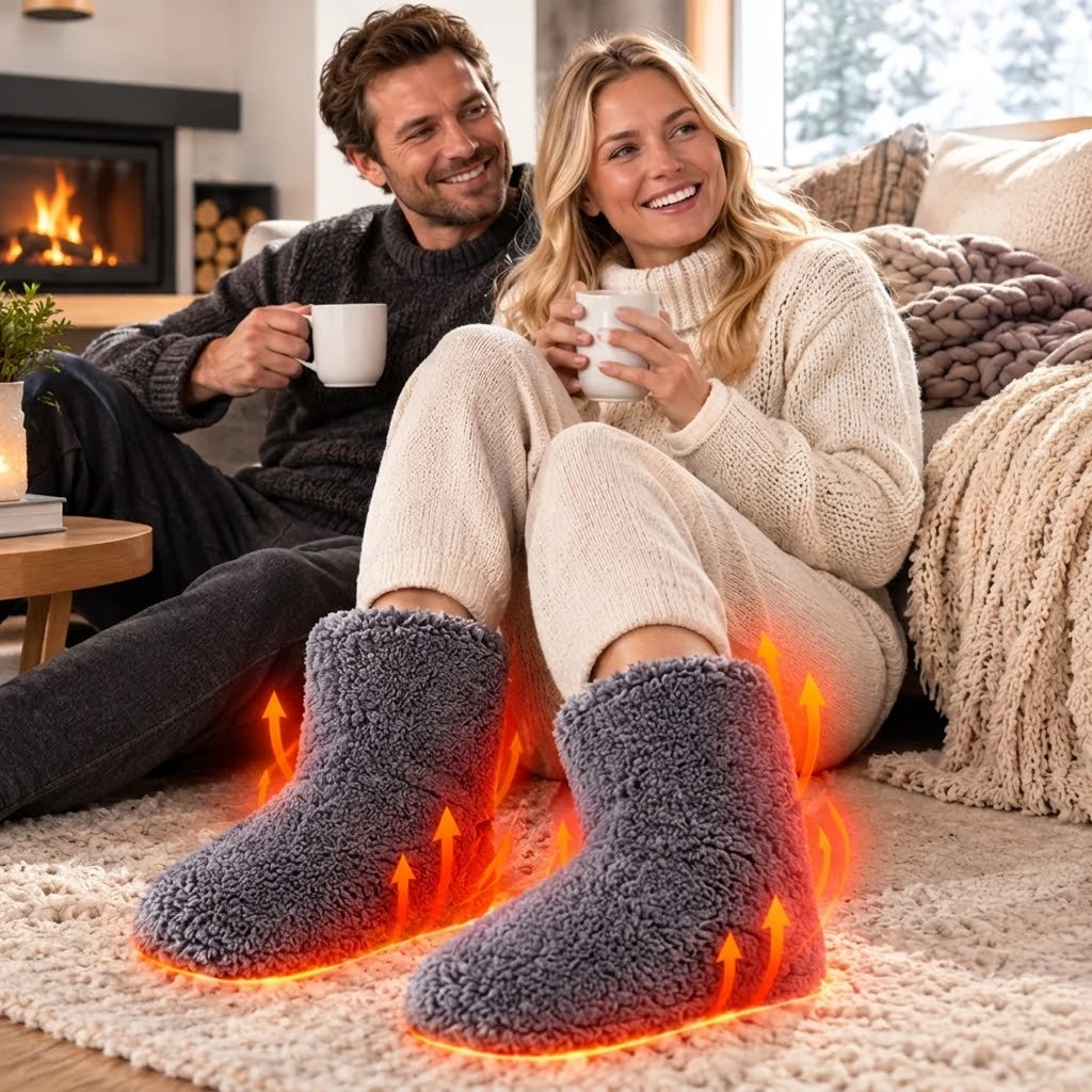 Couple with mugs by a fireplace, the woman wearing grey slippers with orange glow and arrows illustrating the heating. 5
