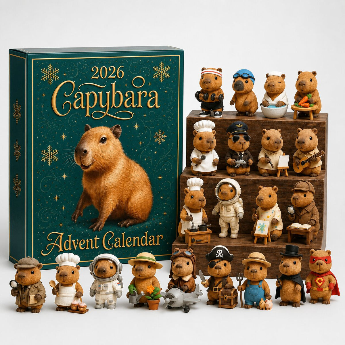 Teal and gold gift box beside all 24 costumed capybara figures arranged on wooden steps and in a row on a plain white background. 1