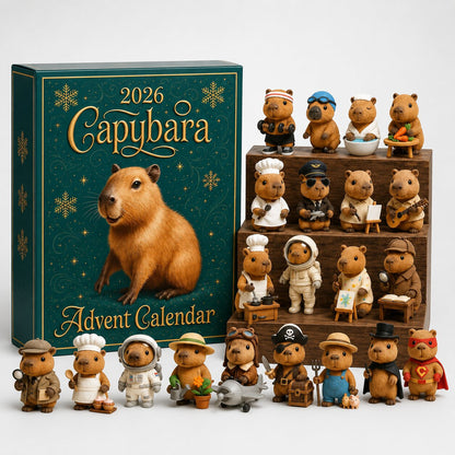 Teal and gold gift box beside all 24 costumed capybara figures arranged on wooden steps and in a row on a plain white background. 1