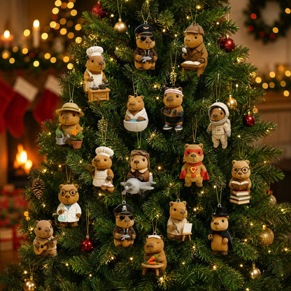 Capybara figures dressed as a chef, pilot, astronaut, superhero, pirate and more, hanging like ornaments on a decorated Christmas tree. 3