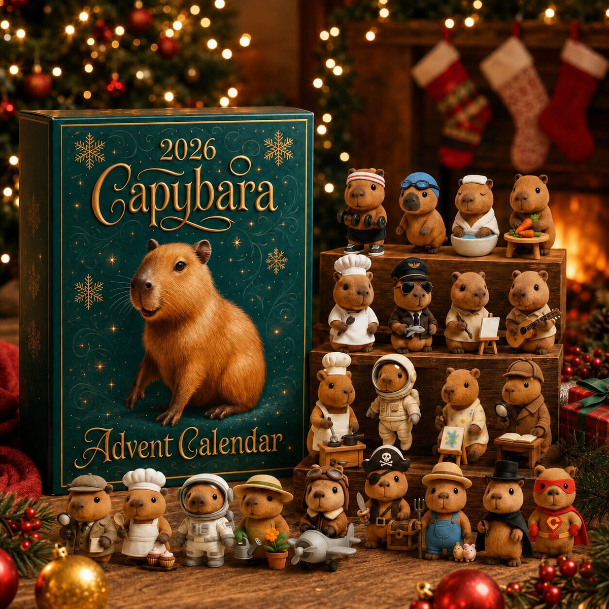 Festive display of the advent box with all 24 costumed capybara figures on wooden tiers, with stockings, lights and baubles behind. 6