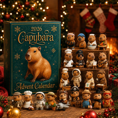 Festive display of the advent box with all 24 costumed capybara figures on wooden tiers, with stockings, lights and baubles behind. 6